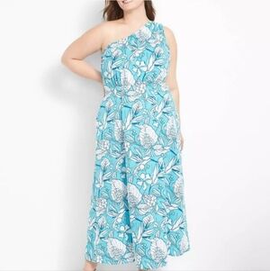 Lane Bryant Dress Women's Size 12 Blue Moana Floral One Shoulder Midi